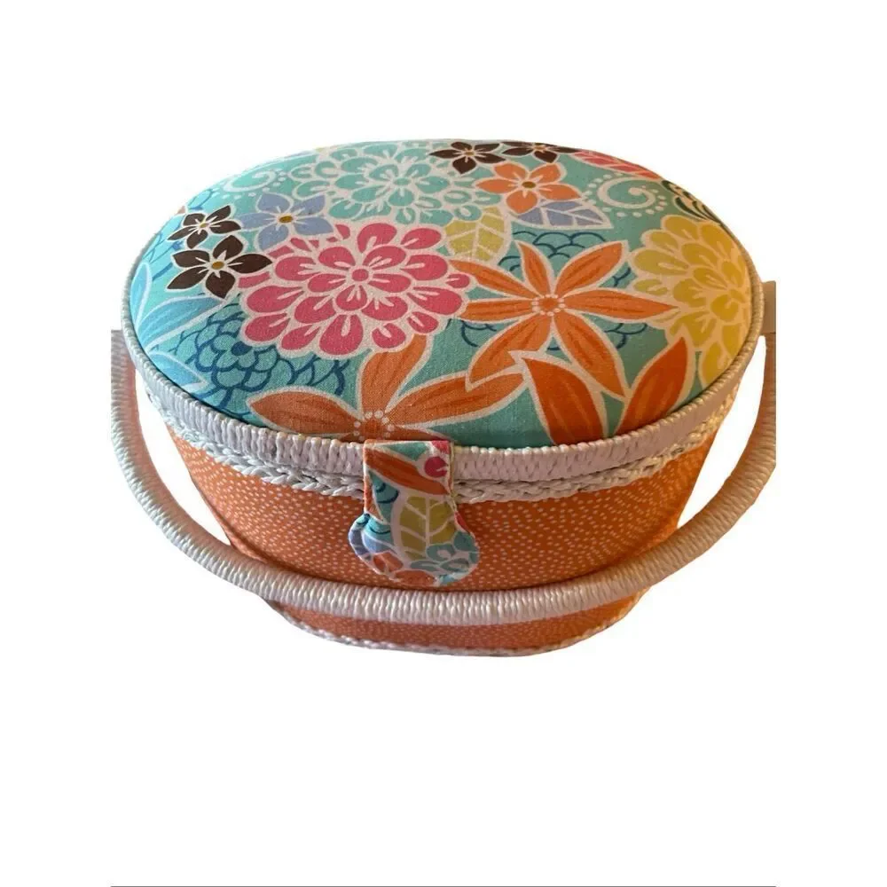 NEW St. Jane Collection Orange Polka Dot Base Floral Lid Footed Sewing Basket